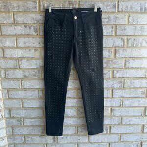 BEBE Heartbreaker Cropped Rhinestones Front Gray/Black Jeans Size 28.